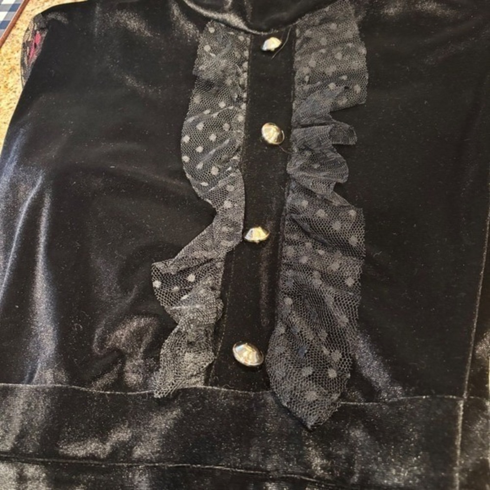 Vintage Black Velvet Lace Midi Dress High Neck Gold Button Victorian Goth M - Picture 11 of 11